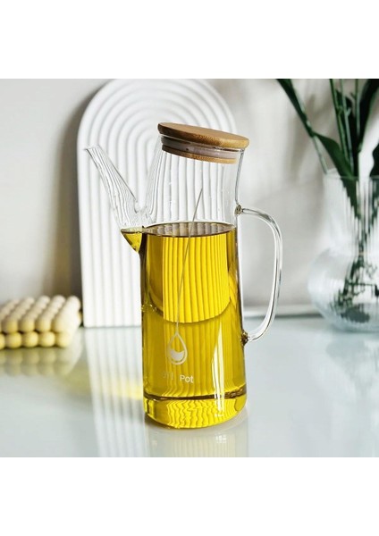 Bambu Kapklı Borosilikat Cam Yağlık & Sirkelik - 1 Litre | Isıya Dayanıklı & Sızdırmaz Tasarım | Bambu Kapaklı Şeffaf Cam Yağdanlık - 1000ML