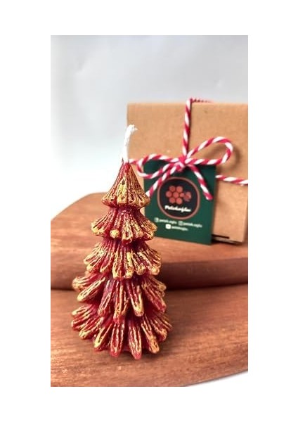 Doğal Petek Balmumu Mum Kırmızı Altın Simli Çam Ağacı Boy 8.5 cm Bal Mumu Beeswax Candle fiyatları