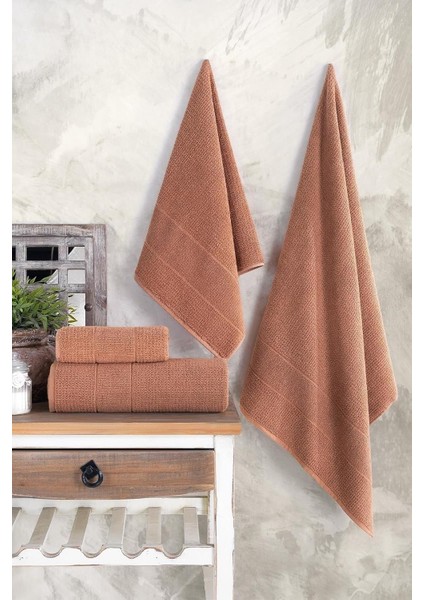 Tekstil Royality | 50X90- 70X140 cm 4'lü Banyo Havlu SETI, Pamuklu Havlu Takımı Kiremit