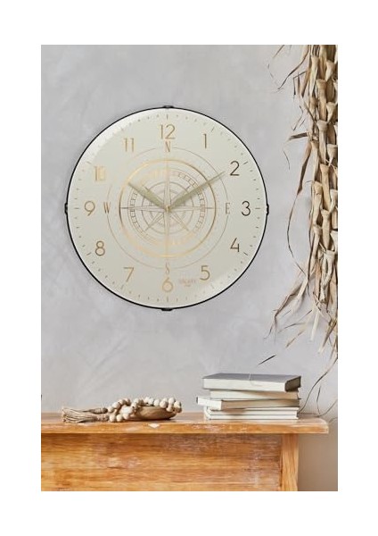 Exclucive Compass Serisi Bombeli Cam Yaldızlı Ev ve Ofis Duvar Saati 35 cm Krem fiyatları