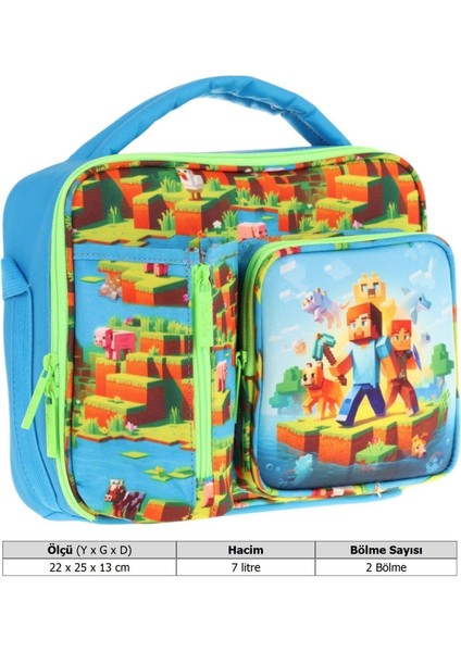 Erkek Çocuk, Mavi Yeşil, Craft Desenli Isı Yalıtımlı Üç Bölmeli (Matara Cepli) Okul Beslenme Çantası L7280