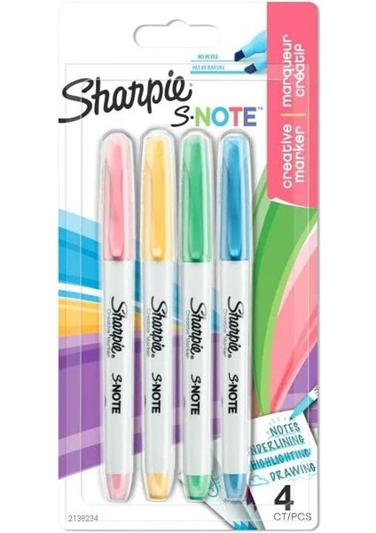 S-Note Fosforlu Işaretleme Kalemi, 4'lü Blister, Karışık