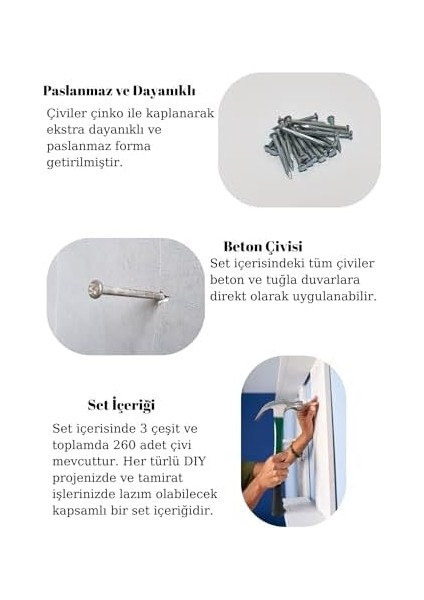 260 Adet Paslanmaz Beton Çivisi Seti - 3 Çeşit Çelik Beton, Duvar, Parke Çivisi modelleri