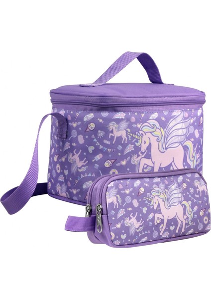Kız Çocuk Nakışlı Unicorn Pegasus Desenli Lila Beslenme Çantası ve Kalemlik Seti