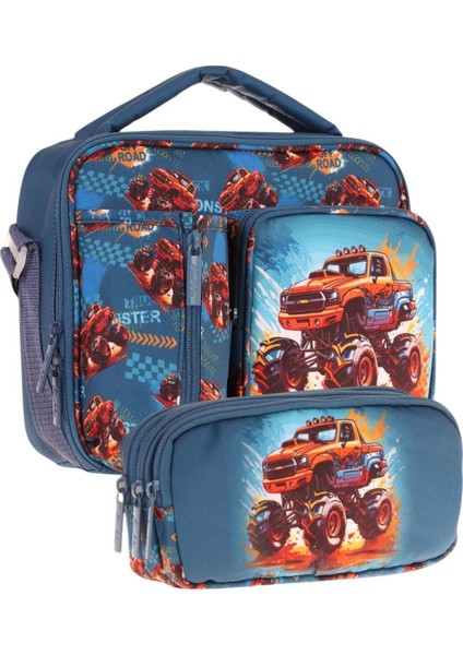 Kids Erkek Çocuk Yeşil Kırmızı Arazi Aracı Üç Bölmeli Thermo Beslenme Çantası ve Kalemlik Seti (L7282+L8282)