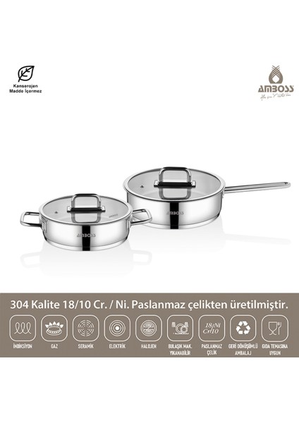 Nova 4 Parça Paslanmaz Çelik Cam Kapaklı Basık Tencere Tava Seti 26 cm