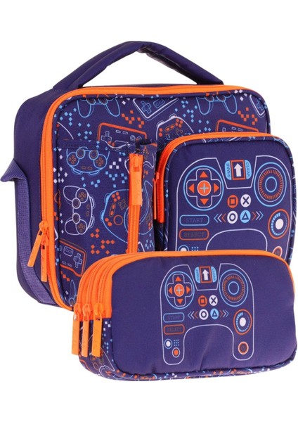 Kids Erkek Çocuk Lacivert Turuncu Oyun Temalı Üç Bölmeli Thermo Beslenme Çantası ve Kalemlik Seti (L7281+L8281)