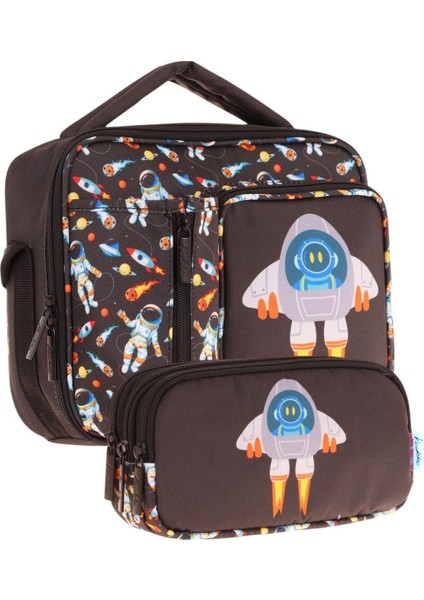 Kids Erkek Çocuk Siyah Roket Baskılı Üç Bölmeli Thermo Beslenme Çantası ve Kalemlik Seti (L7264+L8264)