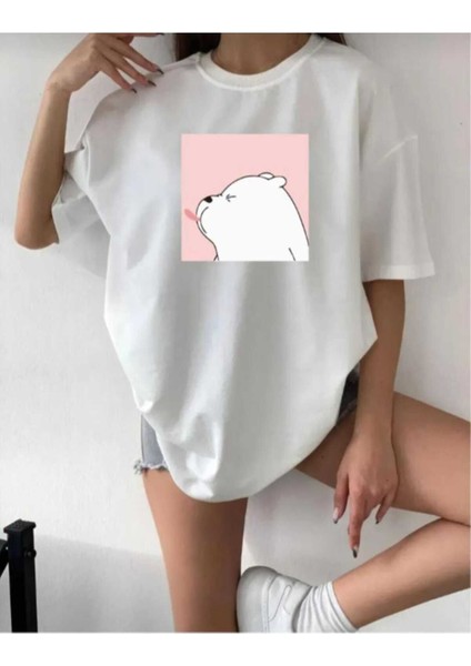 Oversize T-Shirt Ayı Baskılı Beyaz Renk