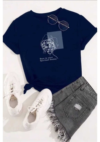 Oversize T-Shirt Baskılı Lacivert Renk
