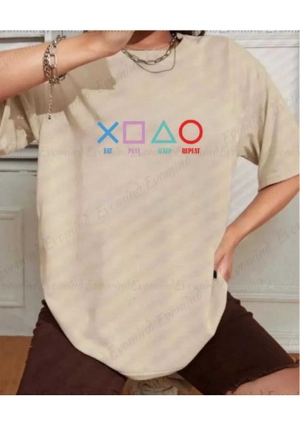 Oversize T-Shirt Game Baskılı Bej Renk