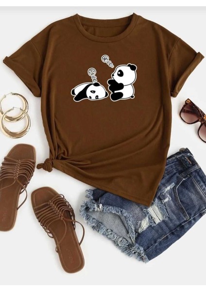 Oversize T-Shirt Pandalar Baskılı Kahverengi Renk
