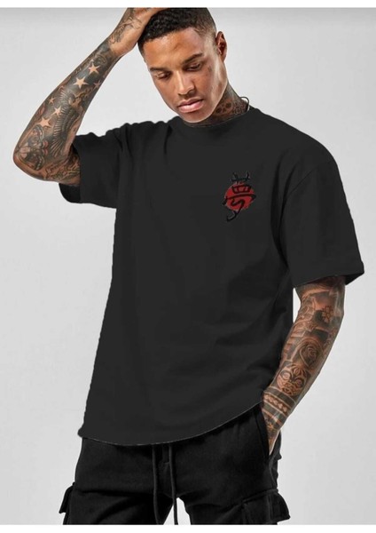 Oversize T-Shirt Yazısı Baskılı Siyah Renk