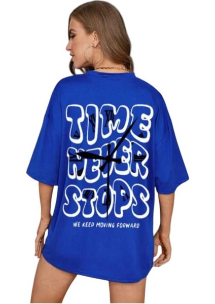 Oversize T-Shirt Time Baskılı Mavi Renk