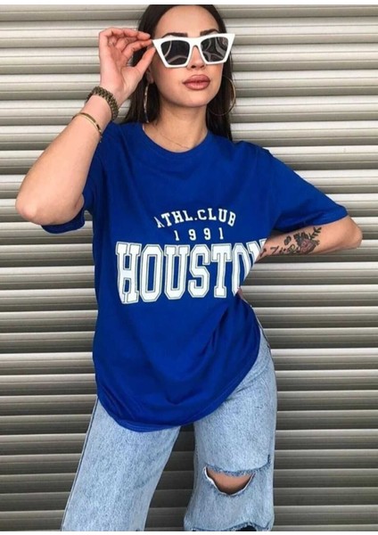 Oversize T-Shirt Houston Baskılı Saks Mavi Renk
