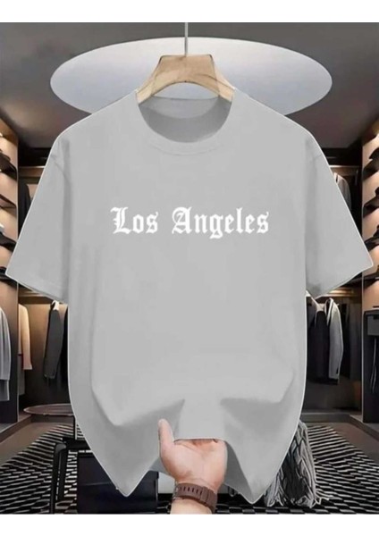 Oversize T-Shirt Angeles Baskılı Gri Renk