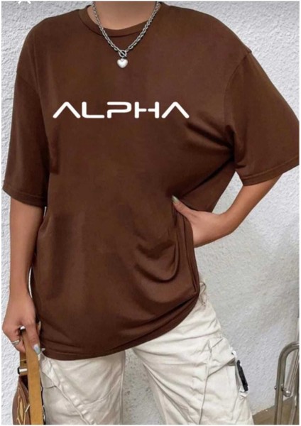 Oversize T-Shirt Alpha Baskılı Kahverengi Renk