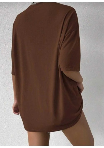 Oversize T-Shirt Alpha Baskılı Kahverengi Renk