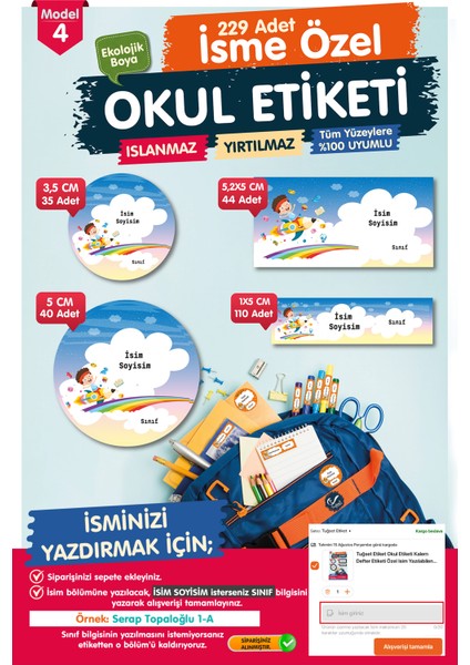 Okul Etiketi Kalem Defter Etiketi Özel Isim Yazılabilen Etiket- Isim Etiketi