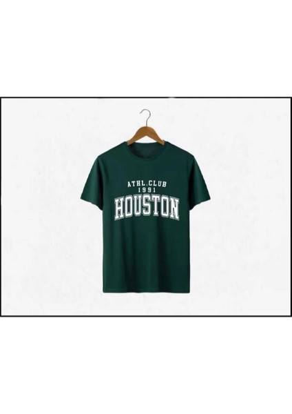 Oversize T-Shirt Houston Baskılı Yeşil Renk