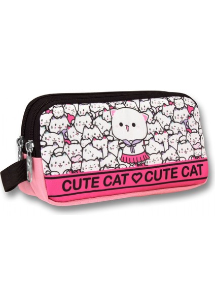 5014 (Sevimli Kediler Desenli - Pembe Beyaz Renkli) Kız Çocuk Kalem Çantası