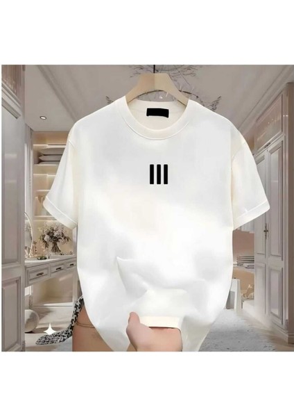 Oversize T-Shirt Çizgi Baskılı Beyaz Renk