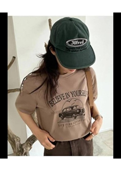 Oversize T-Shirt Believe Baskılı Açık Kahve Renk