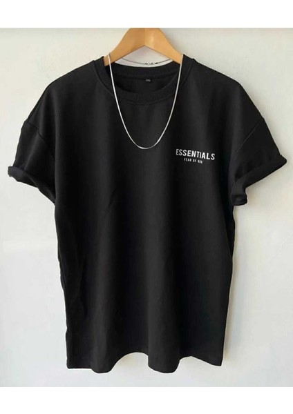 Oversize T-Shirt Figürler Baskılı Siyah Renk
