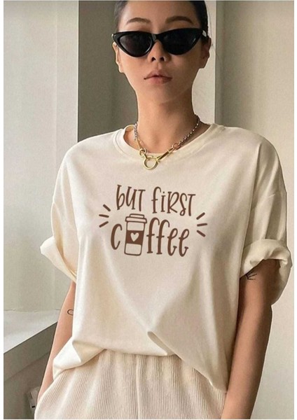 Oversize T-Shirt Coffee Baskılı Bej Renk