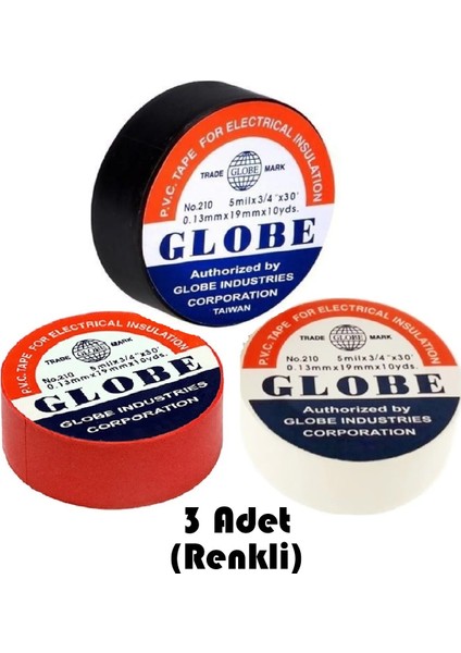 Pvc Elektik Izole Bant Globe "0,13X0,19X10YARDS" 3 Adet Renkli (Siyah-Beyaz-Kırmızı)