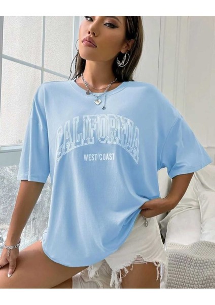Oversize T-Shirt Baskılı Mavi Renk