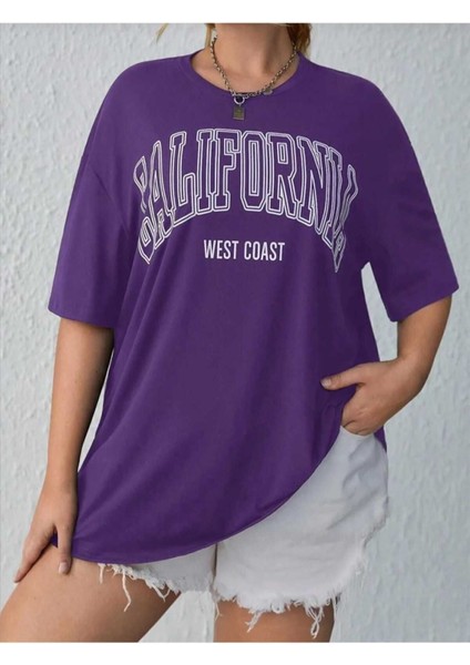 Oversize T-Shirt Baskılı Mor Renk