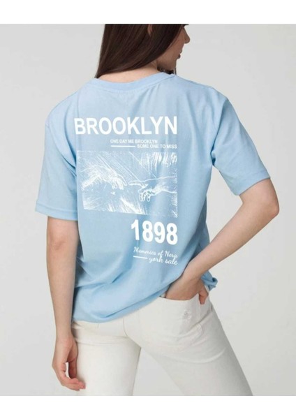 Oversize T-Shirt Brokliyn Baskılı Mavi Renk