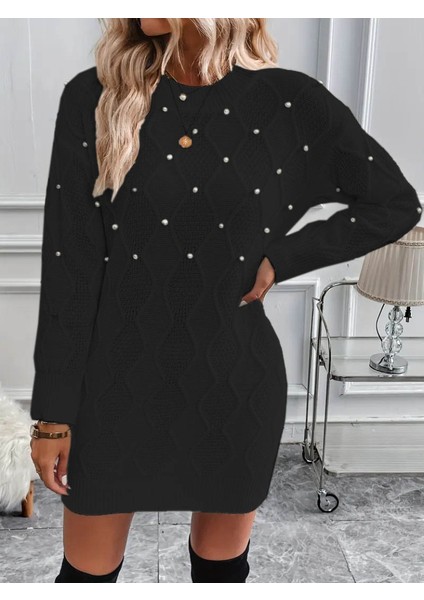 Kadın Uzun Kollu Bisiklet Yaka Desenli Triko Elbise modelleri