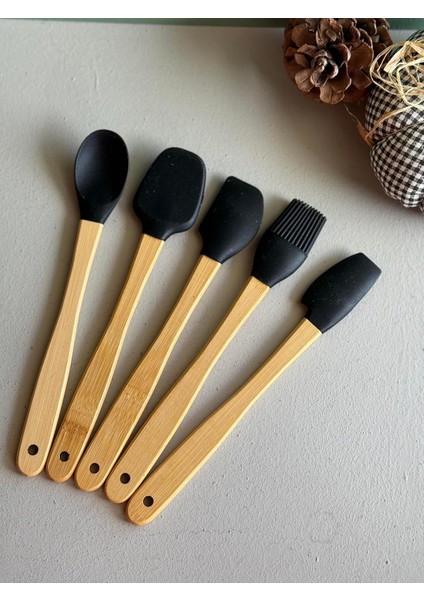 Mutfak Bambu Silikon Isıya Dayanıklı Kaşık Kepçe Takımı 5'li Set Siyah