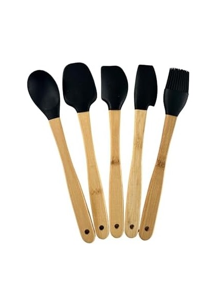 Mutfak Bambu Silikon Isıya Dayanıklı Kaşık Kepçe Takımı 5'li Set Siyah