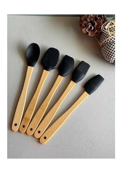 Mutfak Bambu Silikon Isıya Dayanıklı Kaşık Kepçe Takımı 5'li Set Siyah
