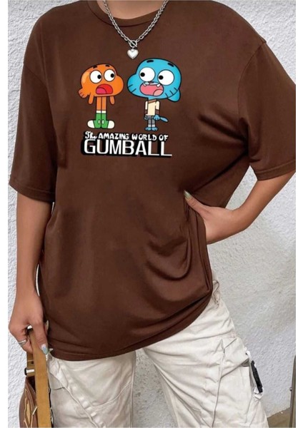 Oversize T-Shirt Karakterleri Baskılı Kahverengi Renk