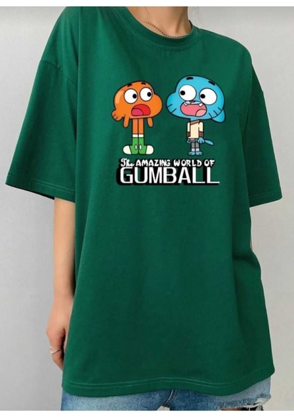 Oversize T-Shirt Karakterleri Baskılı Yeşil Renk