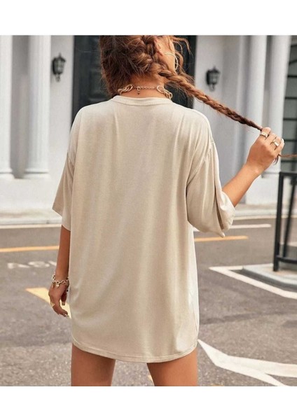 Oversize T-Shirt Baskılı Bej Renk