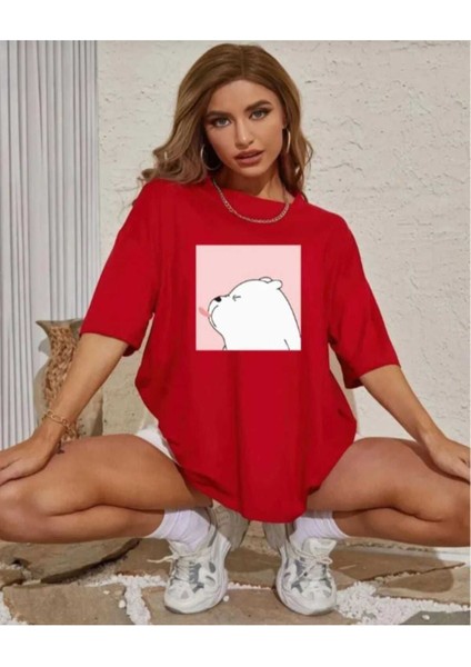Oversize T-Shirt Ayı Baskılı Kırmızı Renk