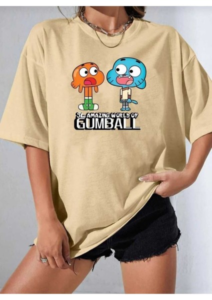 Oversize T-Shirt Karakterleri Baskılı Bej Renk