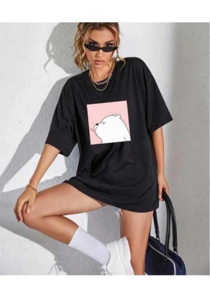 Oversize T-Shirt Ayı Baskılı Siyah Renk