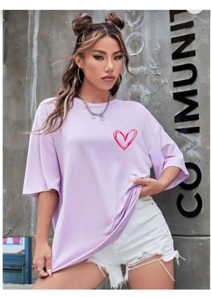 Oversize T-Shirt Renk Baskılı Lila Renk