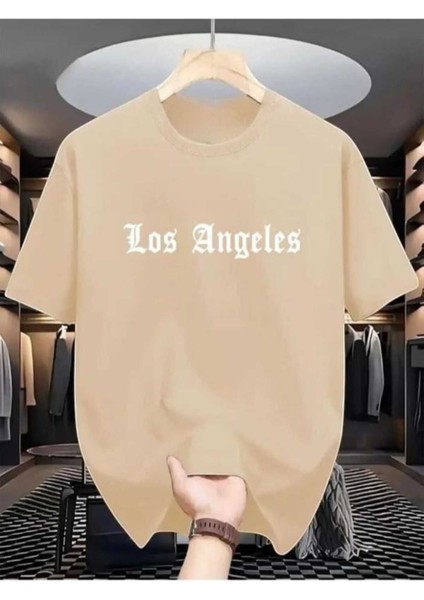 Oversize T-Shirt Angeles Baskılı Bej Renk
