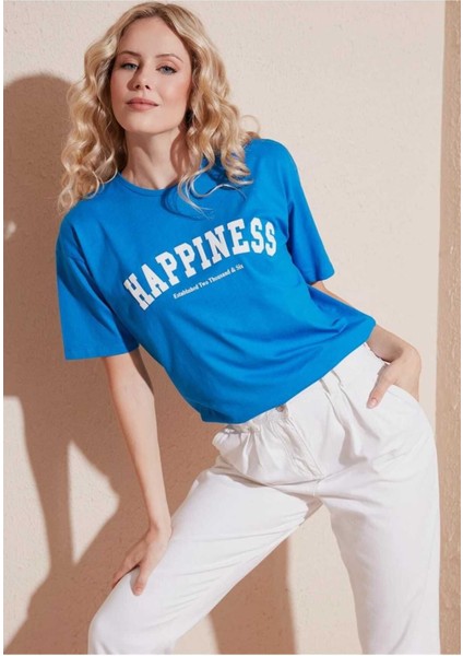 Oversize T-Shirt Baskılı Mavi Renk