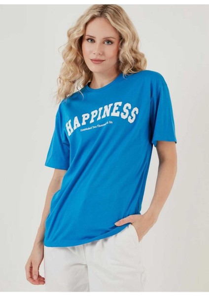 Oversize T-Shirt Baskılı Mavi Renk
