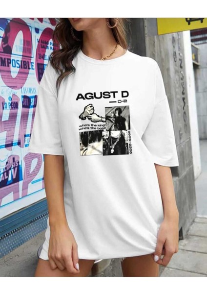 Oversize T-Shirt Agust Baskılı Beyaz Renk