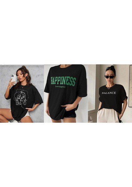 Oversize T-Shirt Çeşitli Baskılı Siyah Renk