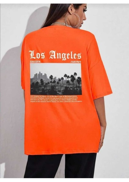 Oversize T-Shirt Sırt Baskılı Turuncu Renk